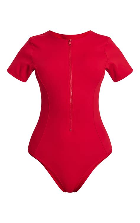Red Scuba Zip Up Swimsuit | Swimwear | PrettyLittleThing USA