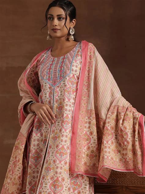 Buy Beige Printed Cotton A-Line Kurta With Palazzos & Dupatta Online at ...