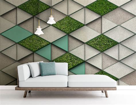 Geometrical Tiles With Grass Customised wallpaper for wall – Myindianthings