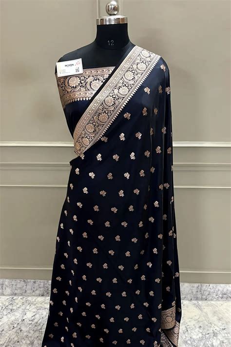 Black Navy Chaman Buti Katan Mashru Silk Banarasi Saree – Mohsin Textiles