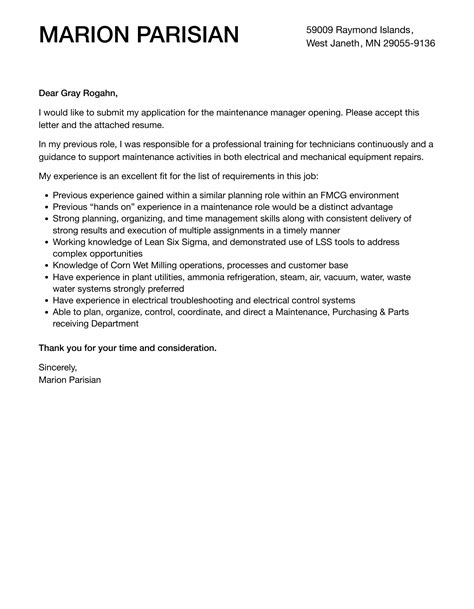 Maintenance Manager Cover Letter | Velvet Jobs