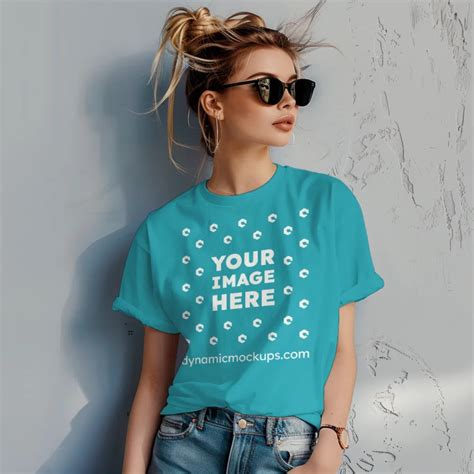 Woman Wearing Teal T-shirt Mockup Front View Template #1676 + PSD | Use ...