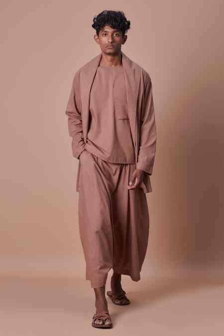 Buy Brown 100% Cotton Shawl Collar Jacket And Harem Pant Set For Men by ...