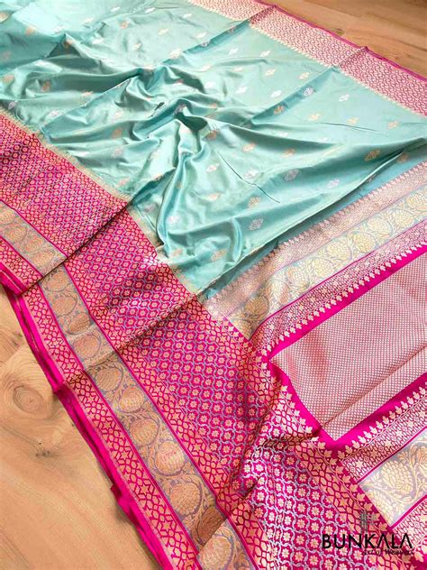 Shop Light Blue Pure Katan Silk Handloom Sona Rupa Banarasi Saree – BUNKALA