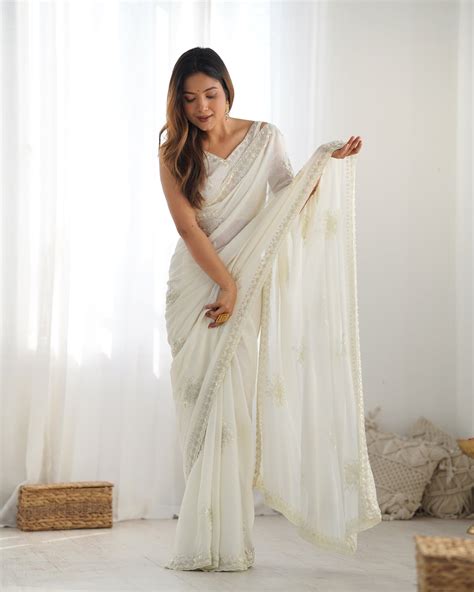 Elegant Ivory Space Silk Saree with Sequins & Katdana Wo