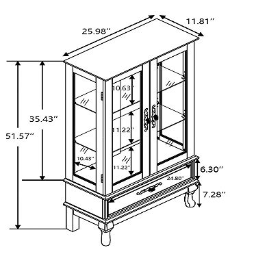 25.98 Inch Wooden Display Cabinet with Glass Doors and Storage Drawer