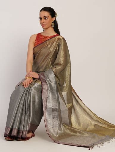 Shop Jaypore Grey Cotton Silk Maheshwari Self Design Saree for Women ...