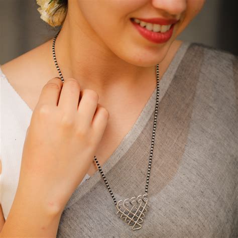 Handmade Silver Saraswati Pendant Mangalsutra - House of Aadyaa