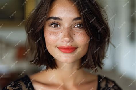 Premium Photo | Closeup portrait of a beautiful young woman with freckles and red lips