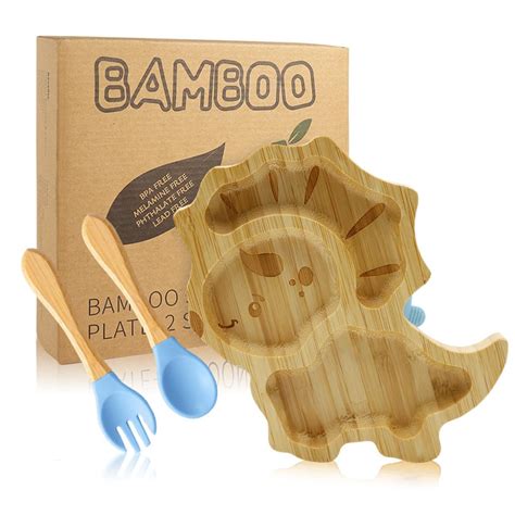 SNOWIE SOFT® 3Pcs Baby Plate Kit with Silicone Fork & Spoon, Bamboo ...