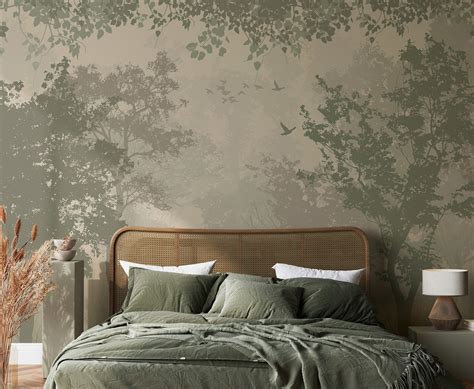 Tree Wallpaper in the Foggy Forest Peel and Stick Landscape Wall Mural ...