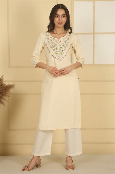 Buy Cream Sequined Embroidered Straight Kurta Online for Woman | Shop ...