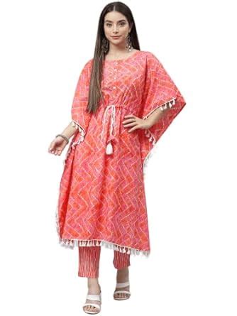 Buy INDIBELLE Cotton Peach Tie Dye Print Kaftan Kurta Trouser (Peach ...