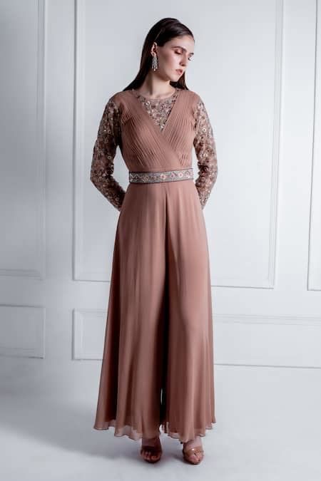 Buy Beige Georgette Embroidery Thread Jasmine Sleeve Jumpsuit With Belt ...