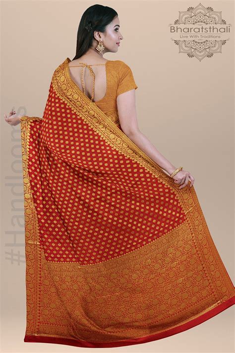 Dual Shade Red and Orange Silk Saree with all over Zari Booty, Small B ...