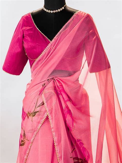 Buy Peach Organza Floral Printed Saree With Blouse At Ethnic Plus