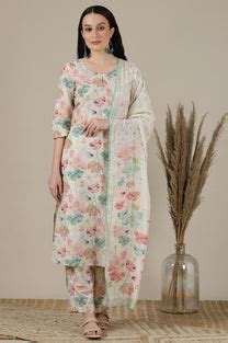 Buy Cream Floral Printed Cotton Blend Straight Kurta, Palazzo an ...
