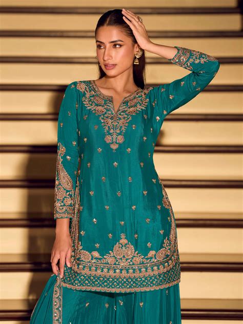 Teal Green Chinon Silk Embroidered Sharara Suit with Beaded Dupatta ...