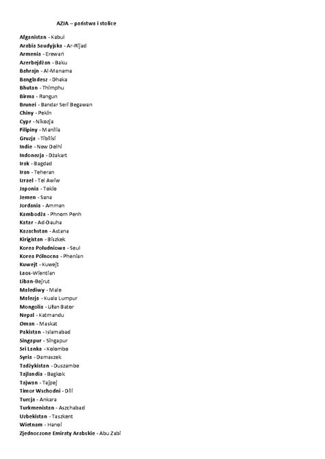 Europa Azja - Bhij - AZJA – państwa i stolice Afganistan - Kabul Arabia ...