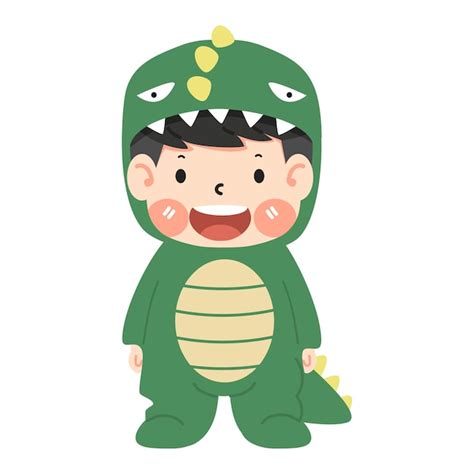 Cute boy in dinosaur costume cartoon | Premium Vector
