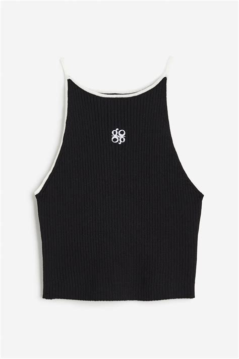 Embroidered rib-knit vest top - Black - Ladies | H&M IN