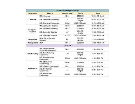 Batch Snaps Schedule - 17th February (Saturday) Department Branch ...