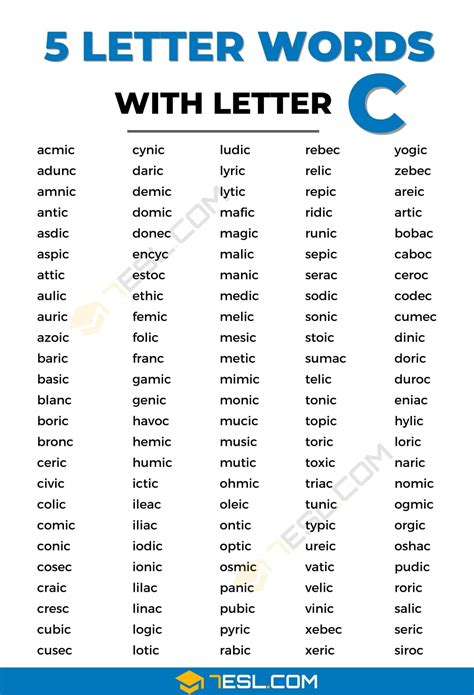 5 Letter Words with C (1500+ English Words) • 7ESL