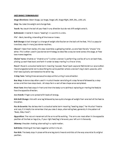 Jazz Dance terminology - JAZZ DANCE TERMINOLOGY Stage directions: Down ...