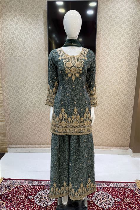 Green Zari and Sequins work with Bandini Print Palazzo Salwar Suit ...