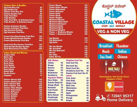 Menu at Coastal Village, Mangaluru