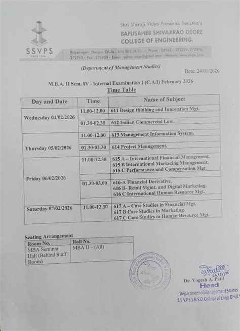 Management Studies Timetable / Academic Calendar