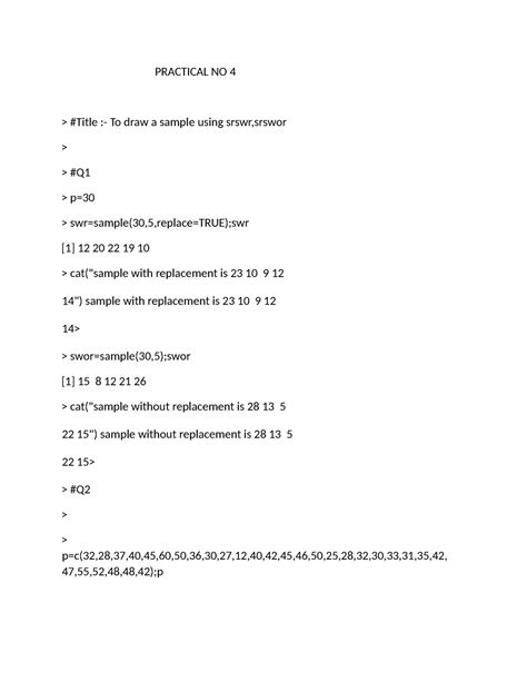 4 - ....... - PRACTICAL NO 4 > #Title :- To draw a sample using srswr ...