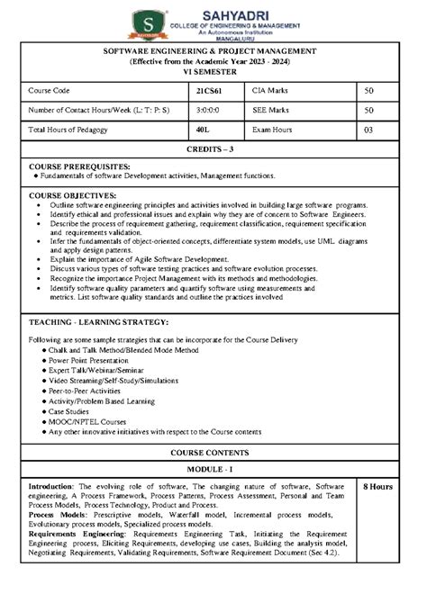 21CS61 SOFTWARE ENGINEERING PROJECT MANAGEMENT Syllabus (AY 2023-2024 ...