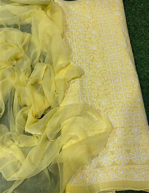 Pure Cotton Chikankari Work 3 PC Unstitched Suit With Chiffon Dupatta ...