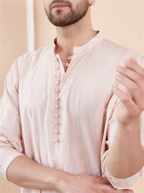 Men Pink and Gold Sequins Embroidered Chanderi Silk Straight Kurta ...