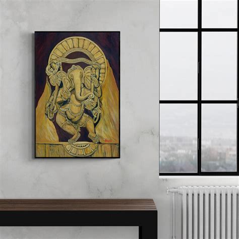"Dancing Ganesha": Light Brown Oil Painting by Ajay Harit – ArtZolo.com