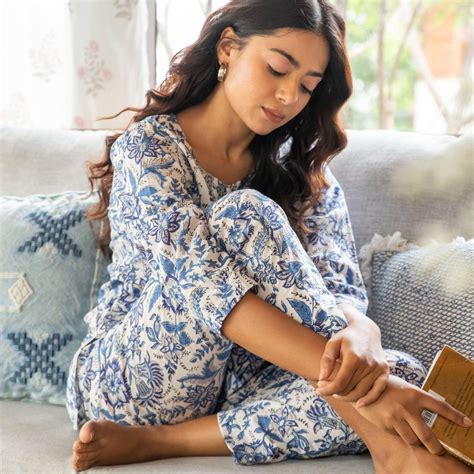 Blue and White Floral Blockprinted Cotton Loungewear Pyjama Set For ...