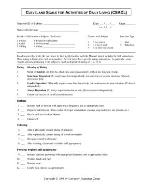 Cleveland Scale for Activities of Daily Living (CSADL) - Blank Fillable ...