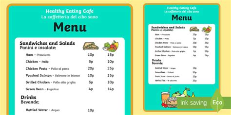 Healthy Eating Cafe Role Play Menu English/Italian - Healthy Eating ...