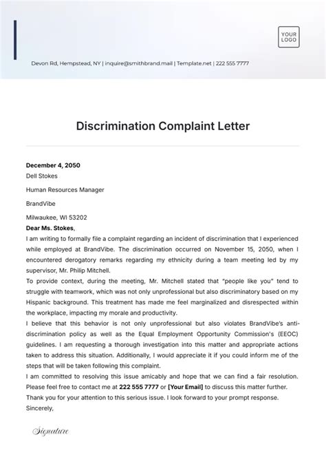 Free Discrimination Complaint Letter Template to Edit Online