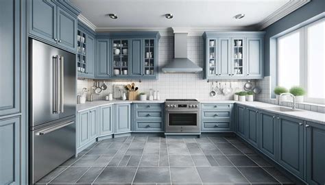 Blue Kitchen Cabinets Gray Floor