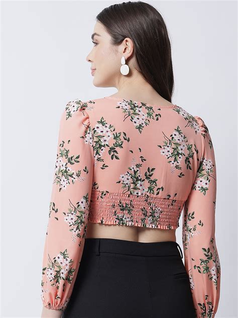 Emeros Women Peach-Coloured Floral Printed Smocked Bralette Crop Top