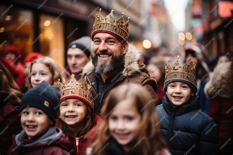 Premium Photo | Happy man in crown with children waiting for the Three ...