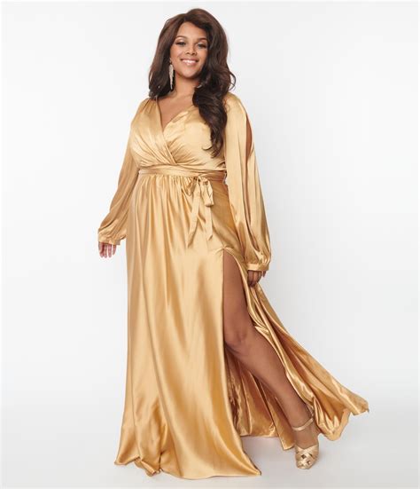 Plus Size Gold Satin Long Sleeve Goddess Gown – Unique Vintage