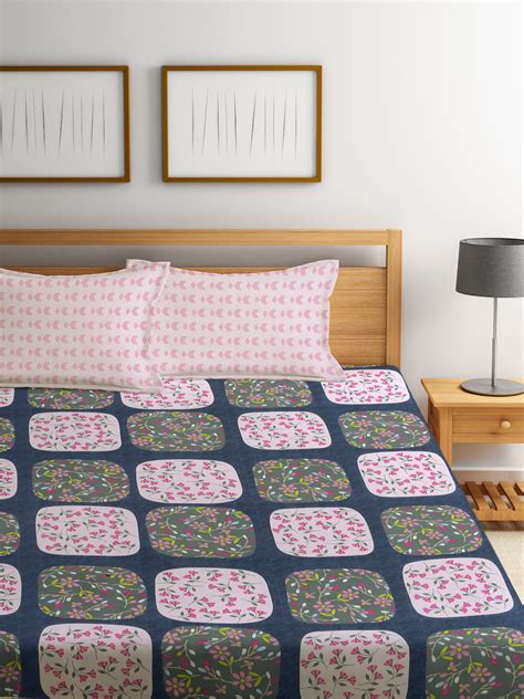 Klotthe Multicolor Floral 300 TC Cotton Blend Fitted Double Bedsheet w ...