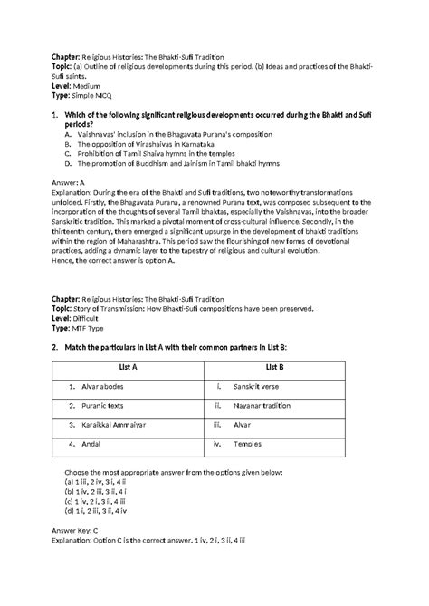 Combined History-CUET 40 MCQ - Chapter: Religious Histories: The Bhakti ...