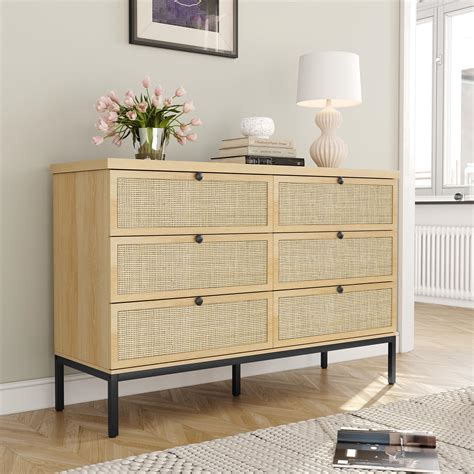 Buy Yechen Modern 6 Drawer Dresser with Natural Rattan Drawers ...