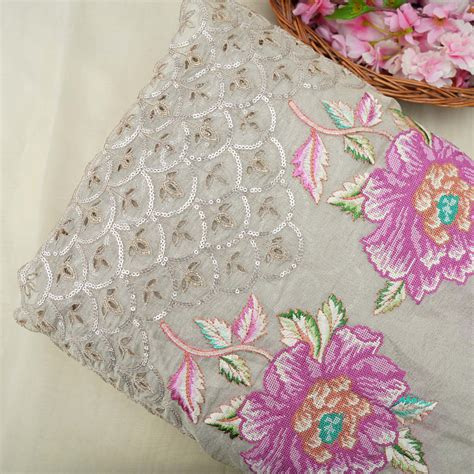 Silver Embroidery With Sequins And Floral Tissue Fabric