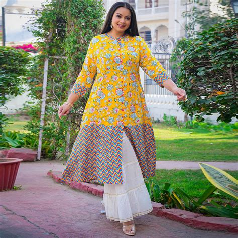 Yash Gallery Women's Rayon Plus Size Floral Printed A-line Kurti (Yell