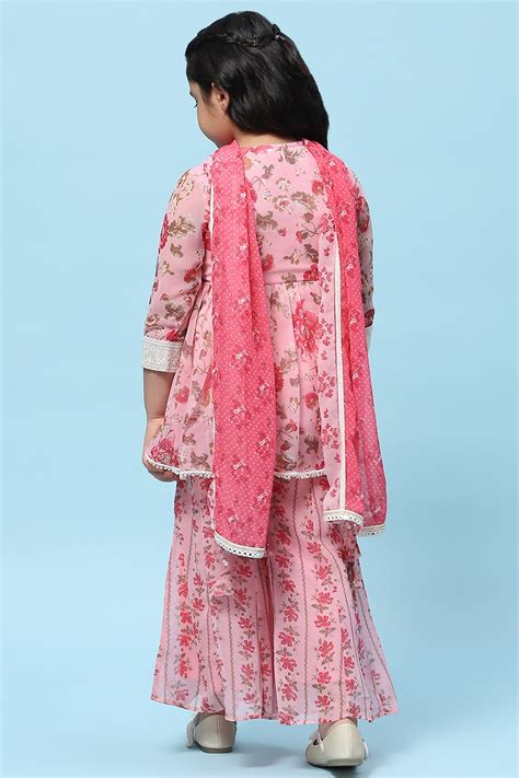 Pink Poly Georgette Floral Printed Peplum Suit Set at Biba India